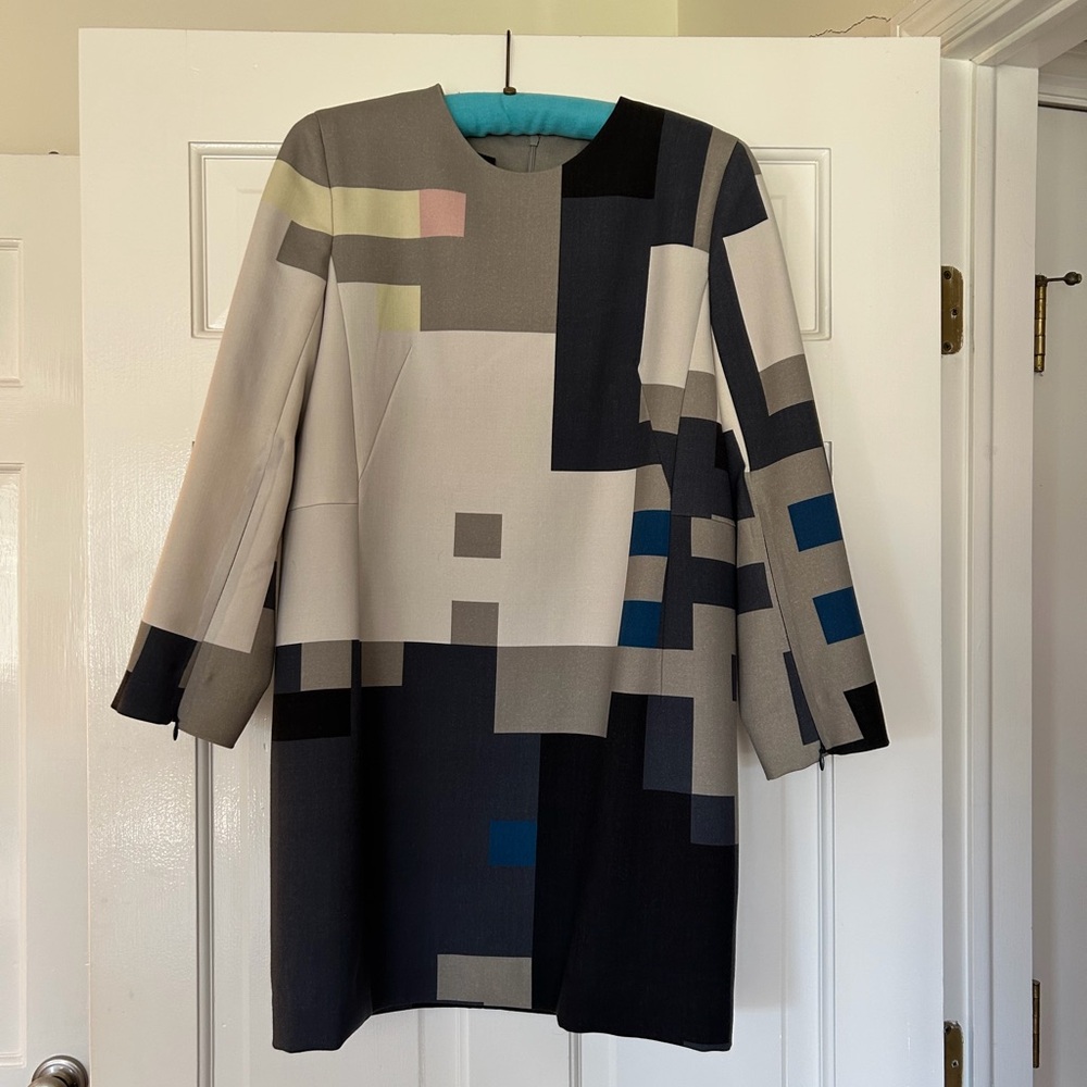 Akris Geometric Block Print Dress in Black, Gray & Blue